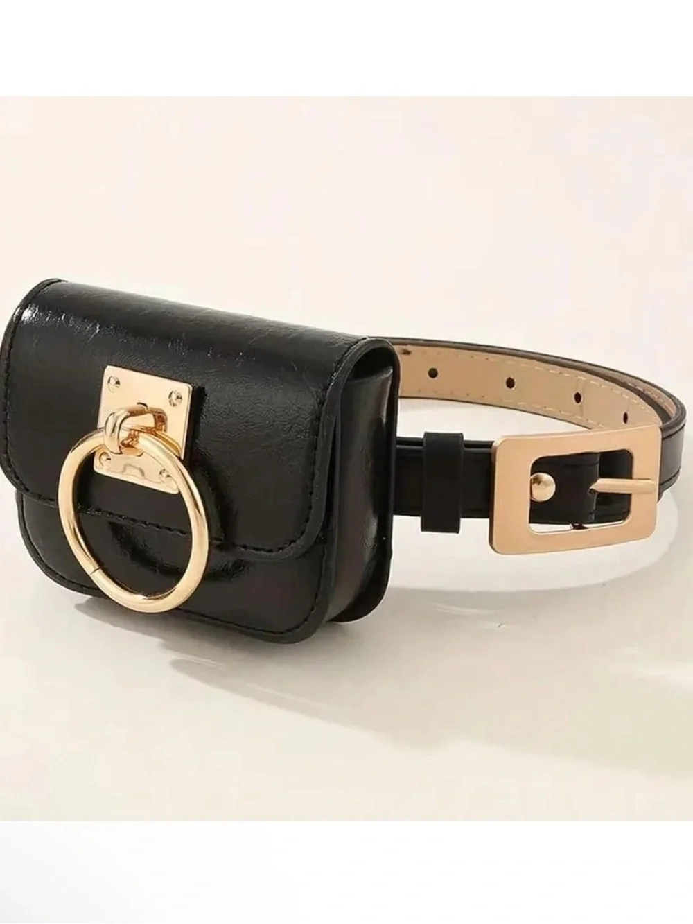 Modern Black Belt Bag with Gold Ring Hardware